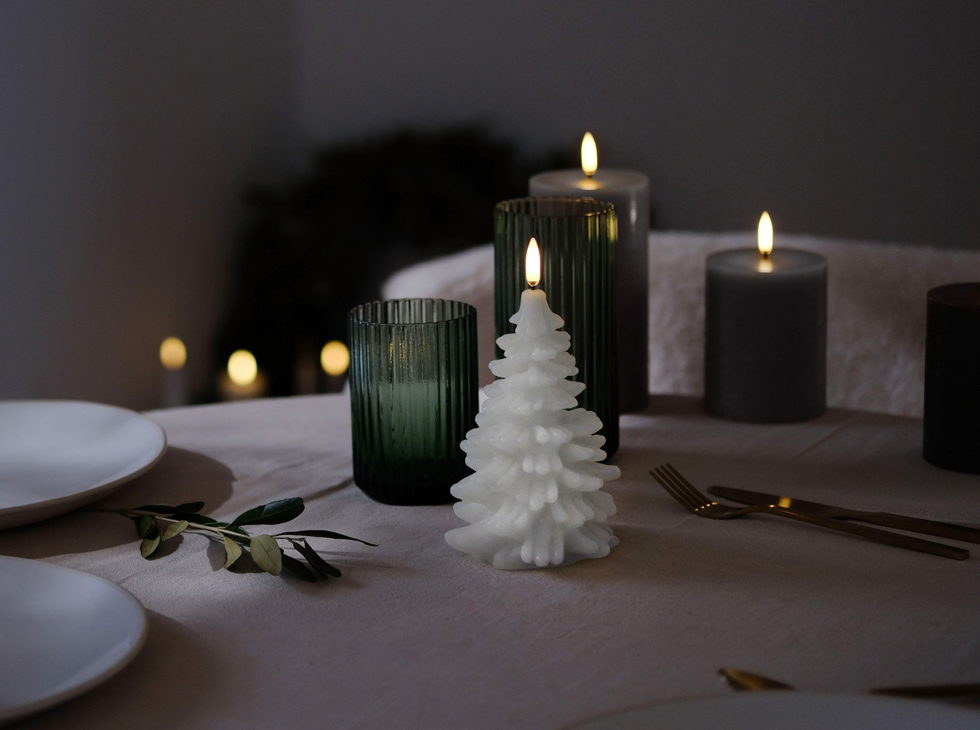 Festive Real Wax Christmas Tree Flameless  Candle with Grey Pillars