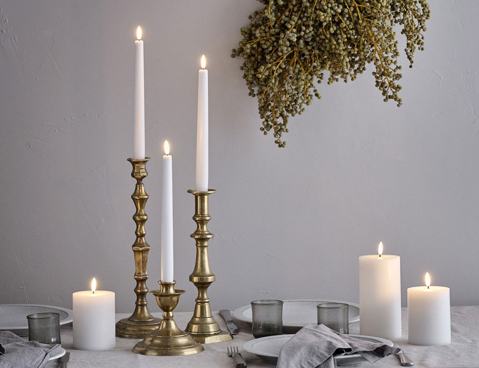 Uyuni Lighting White Tapers with gold candelabras