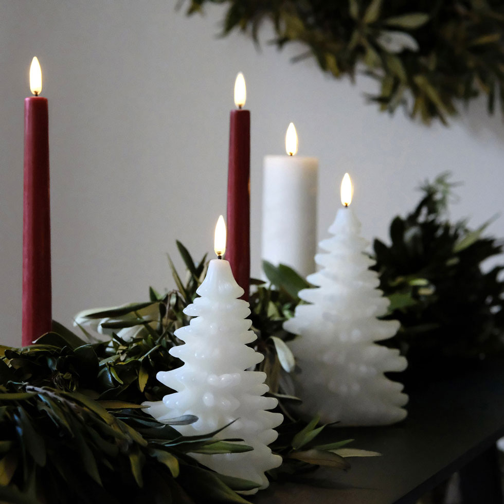 Carmine Red Flameless Taper Candles with Christmas Tree Candles and Pillar