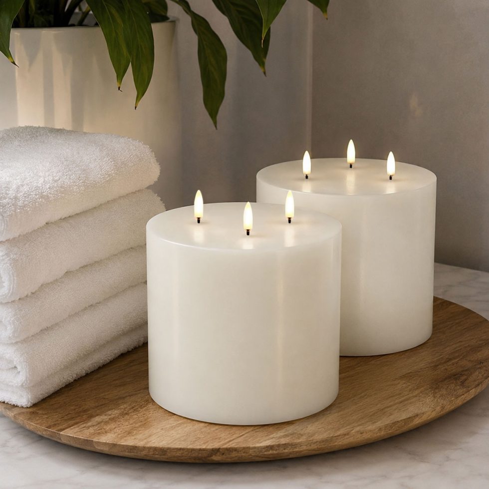 Luxury bathroom styling featuring Uyuni Lighting Nordic White Triple Wick Flameless Pillar Candles, creating a relaxing spa-inspired retreat with warm ambient lighting.