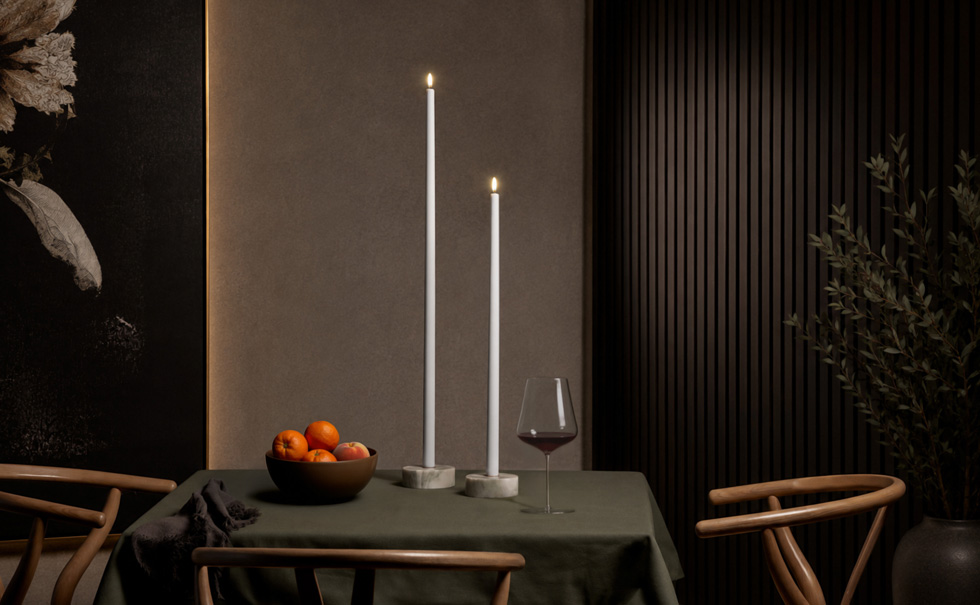 Uyuni Lighting's new elegant extra tall Nordic White flameless taper candles